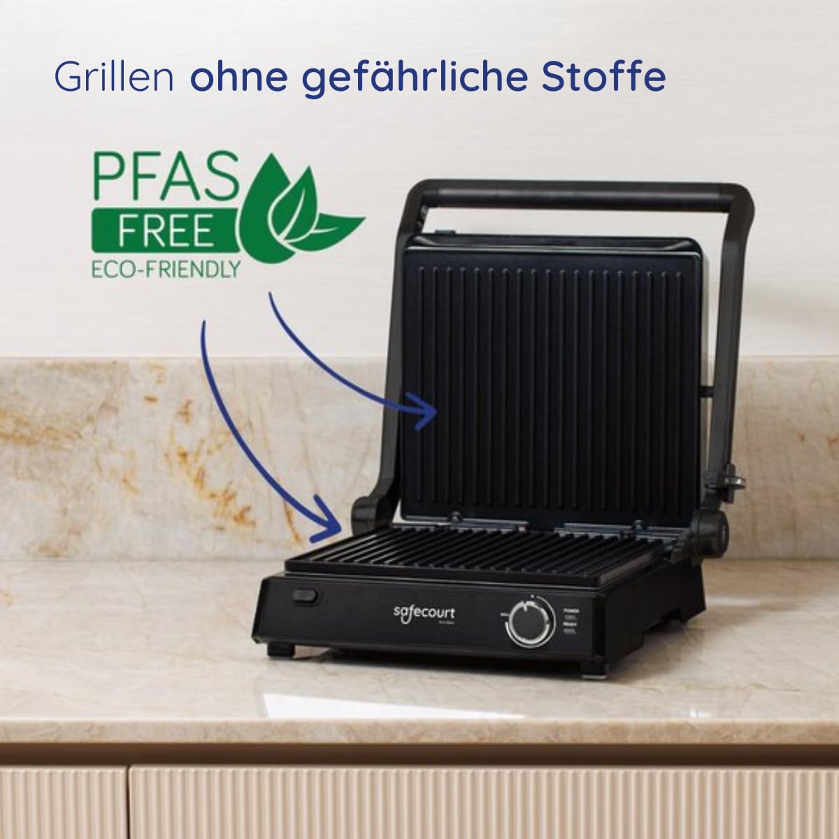 Safecourt Sandwichmaker 3 in 1 Kontaktgrill abnehmbare Platten - Sandwichtoaster [XXL Grillfläche & BPA-frei] - Sandwich- & Paninitoaster schnelle Zubereitung, spülmaschinenfest - Panini Grill schwarz