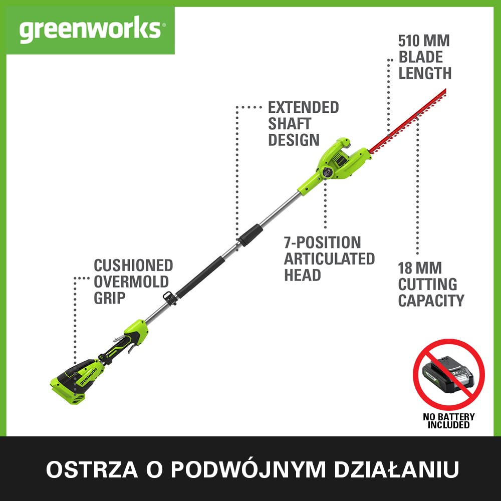 Greenworks G40PHA Akumulatorowe Nożyce do Żywopłotu na Wysięgniku Ostrza o Podwójnym Działaniu 51 cm Cięcie Gałęzi do 18 mm Obrót Głowicy 125 Stopni 3000 Cięć na Minutę BEZ Baterii 40V i Ładowarki