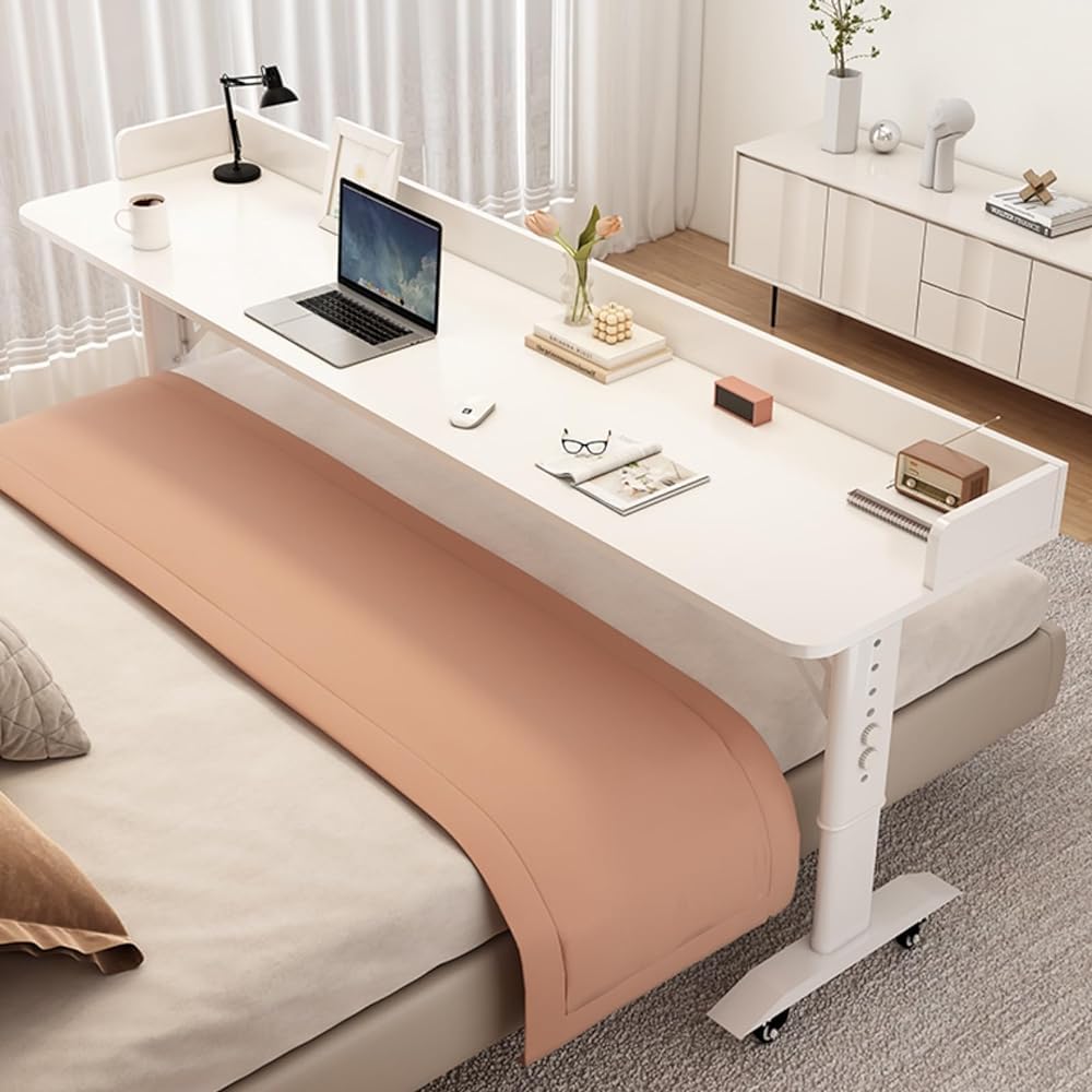 Escritorio sobre cama con ruedas, escritorio para computadora móvil para dormitorio, estación de trabajo, mesa portátil para cama (tamaño: 150 x 50 cm), color: blanco con deflector)