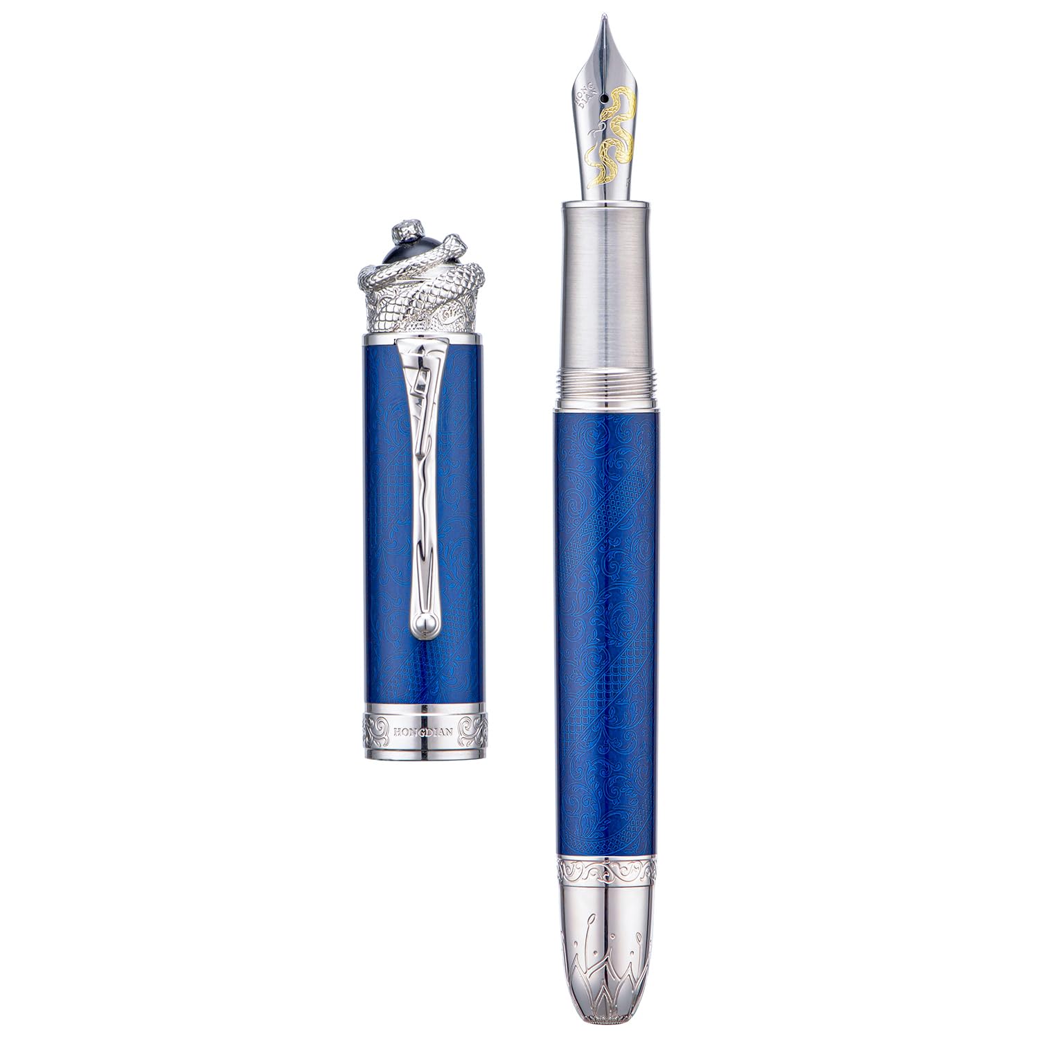 HONG DIAN N25 Piston Fountain Pen, Extra Fine Nib Snake Stereoscopic Carving Design with Metal Case Set (Ocean Blue) - Image 2