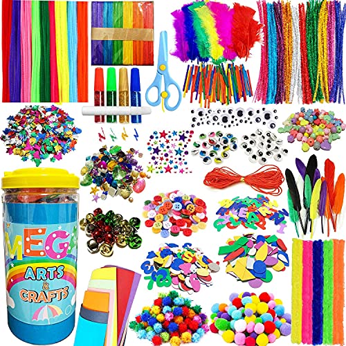 PANSHAN Mega Kids Crafts Kit and Art Supplies Jar Kit-1320+ Piece Set Make Bracelets and Necklaces - Plus Glitter Glue, Construction Paper, Colored Popsicle Sticks, Google Eyes, Pipe Cleaners