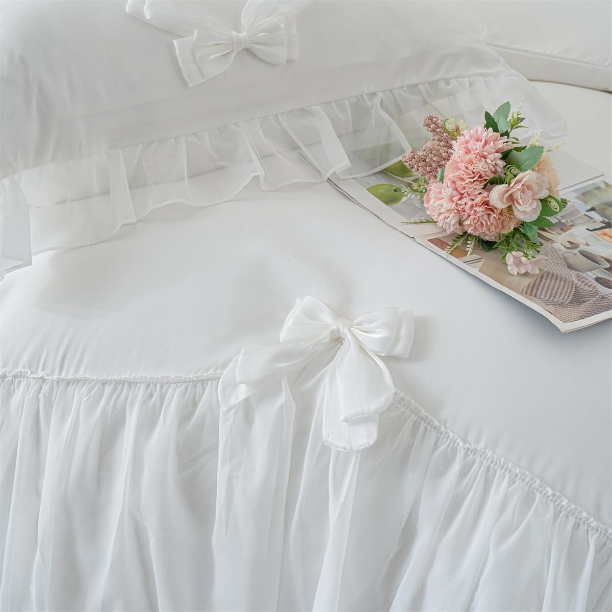 IHOUSTRIY Duvet Cover Twin Size, Ruffle Beddding Set with Bowtie, 2 Pieces Comforter Cover Set with Zipper Closure, Girl Princess Bedding with Pillowcase - White, Twin