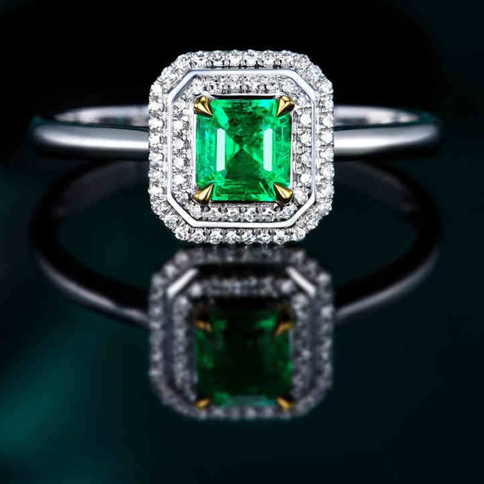 Anillos de Mujer Plata, Alianzas de Boda Cuadrado de 4 Garras con Incrustaciones de Esmeralda Creada En Laboratorio con Joyero