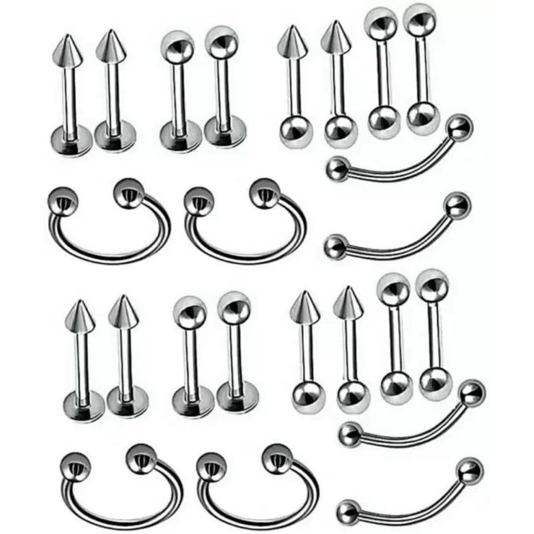 Simple & Beautiful Stud set of 12 Pair Body Piercing Surgical Jewelry Stainless Steel Set Silver Navel Barbell Eyebrow Tragus Earring Lip Ring Nose Ring Pins Needle Stud-image-8
