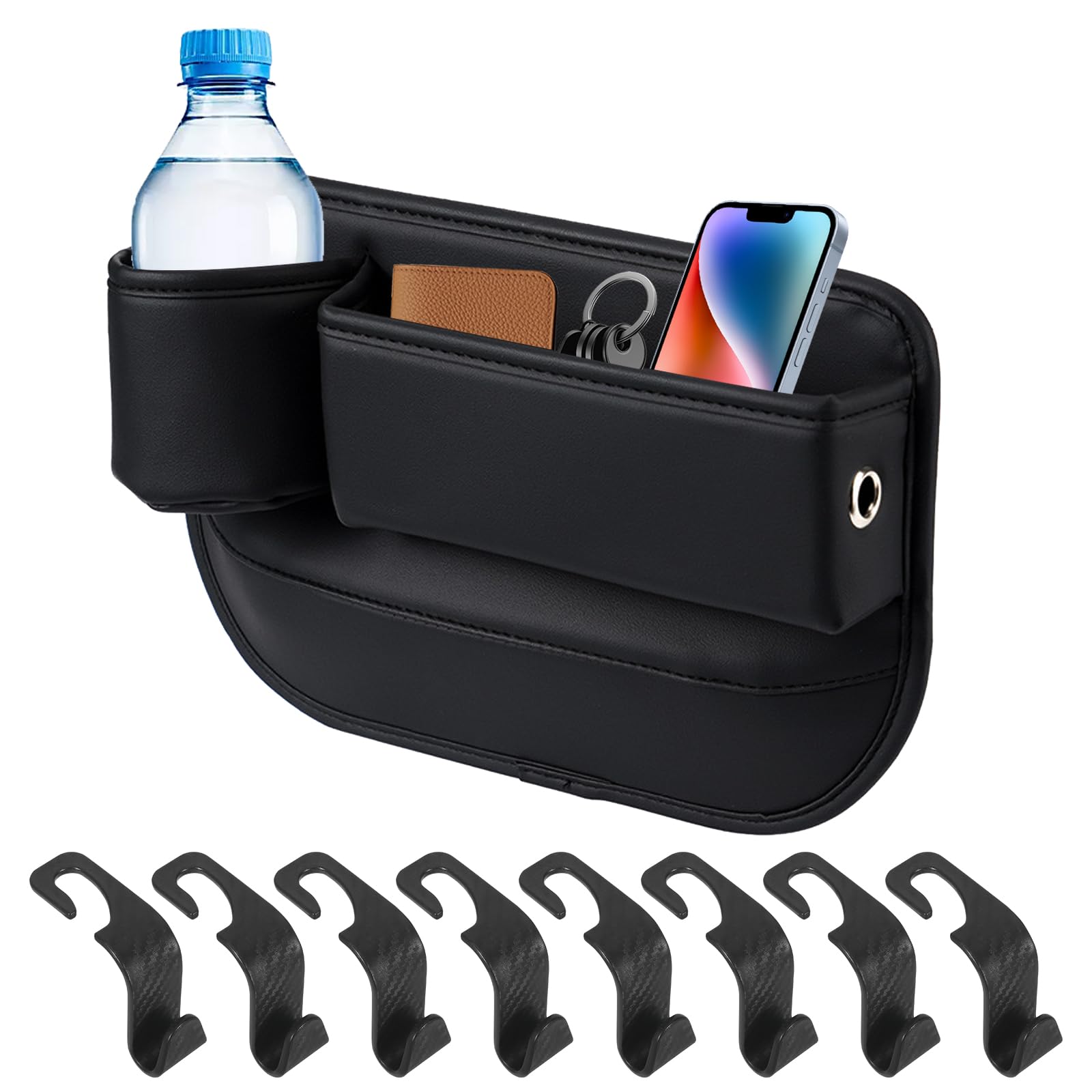 Boczne kieszenie organizer z otworem na kabel, skórzany uchwyt na napoje, kieszeń szczelin na siedzenia samochodowe z otworem do ładowania USB, czarny, torba do przechowywania foteli samochodowych, z