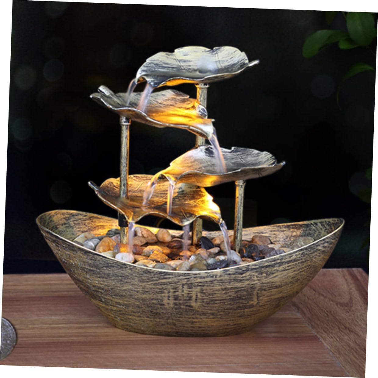 Creative Lotus Leaf Ingot Desktop Fountain with Flowing Water and LED Night Light Indoor Tabletop Ornament for Living Bedroom Office Stress-Relief Home Decor