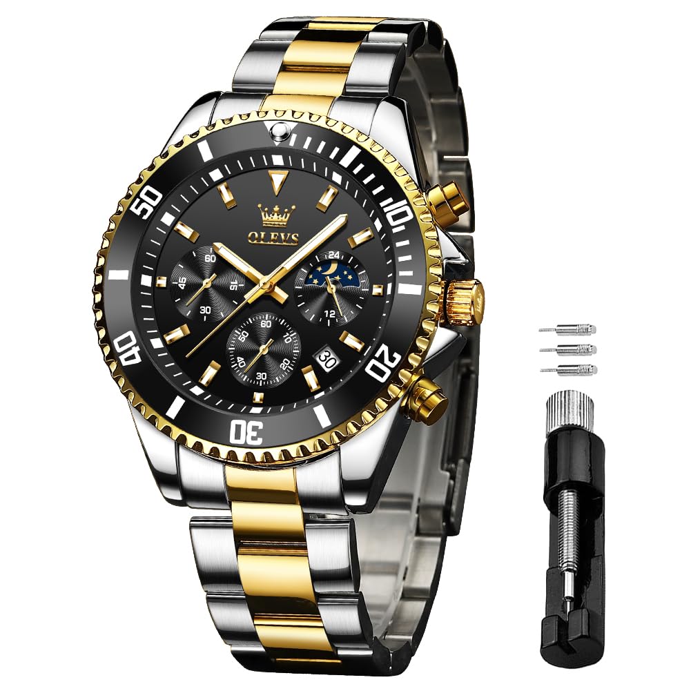 OLEVS Watches for Men Chronograph Business Wrist Watches Analog Quartz Moon Phase Stainless Steel Waterproof Luminous Dress Watches