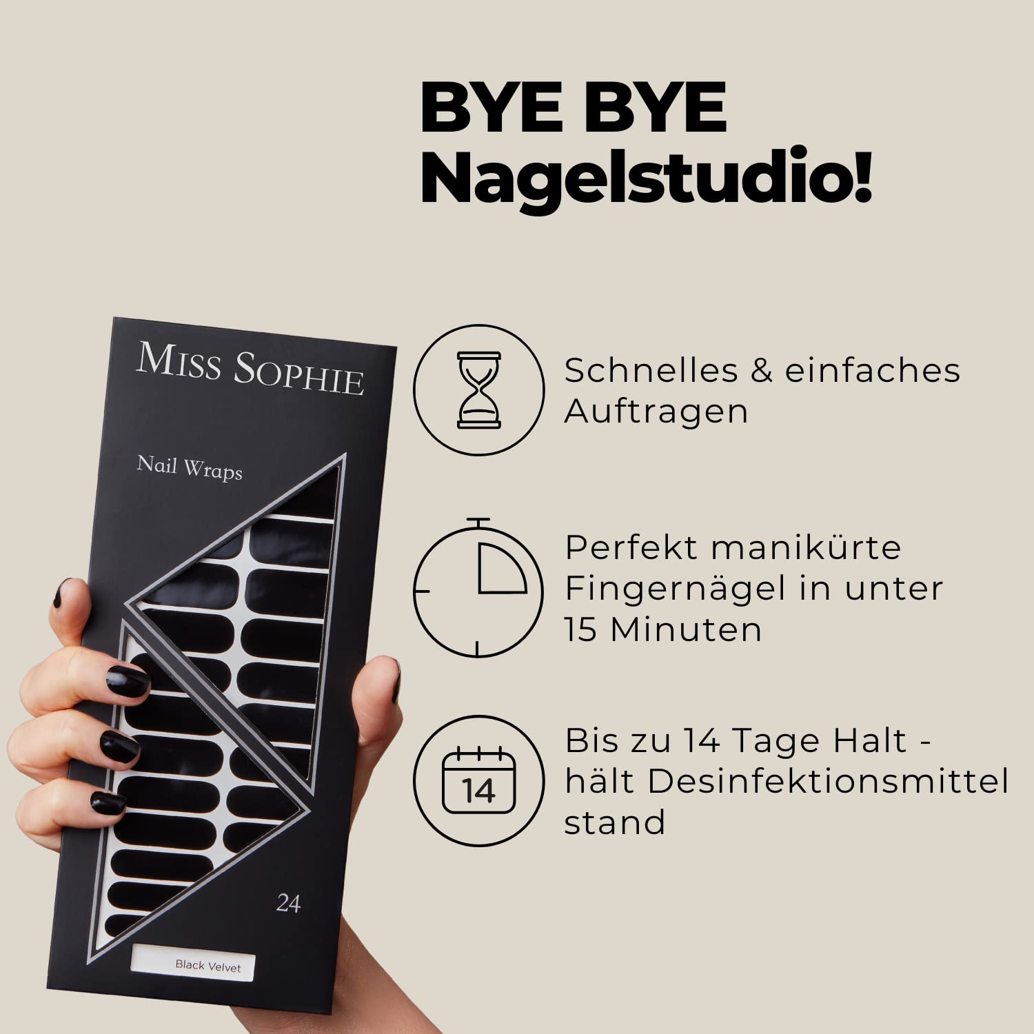 Miss Sophie Pellicola per unghie - "Black Velvet", Tinta unita, Nero, Nail Wraps -24 pellicole per unghie autoadesive ultrasottili a lunga durata