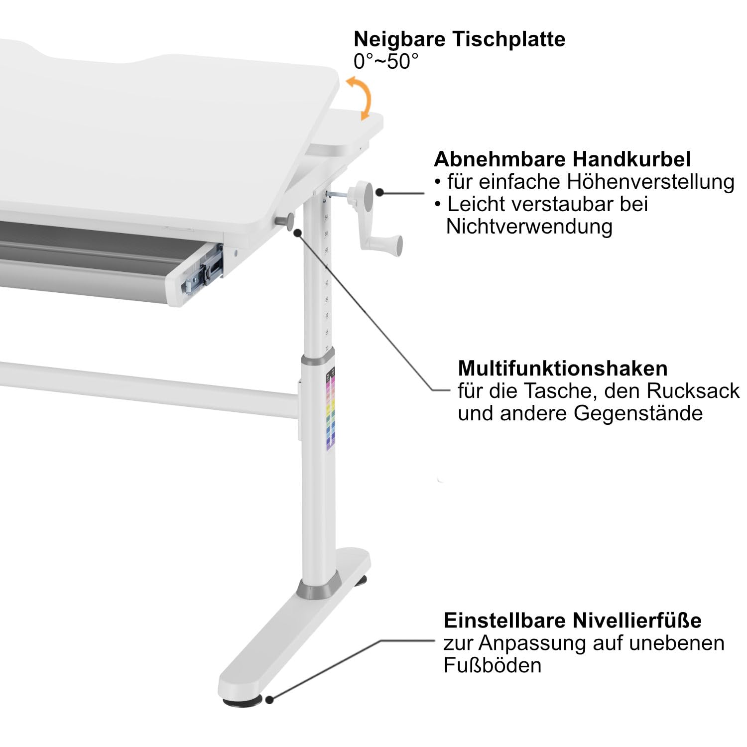 HOKO Kinderschreibtisch höhenverstellbar, Schreibtisch Kinder 120x60 cm | Kinderschreibtische mit 80x40 cm neigbare Tischplatte & Schubladen, Jugendschreibtisch für Kinder ab 6 Jahren, Weiß, ELIN