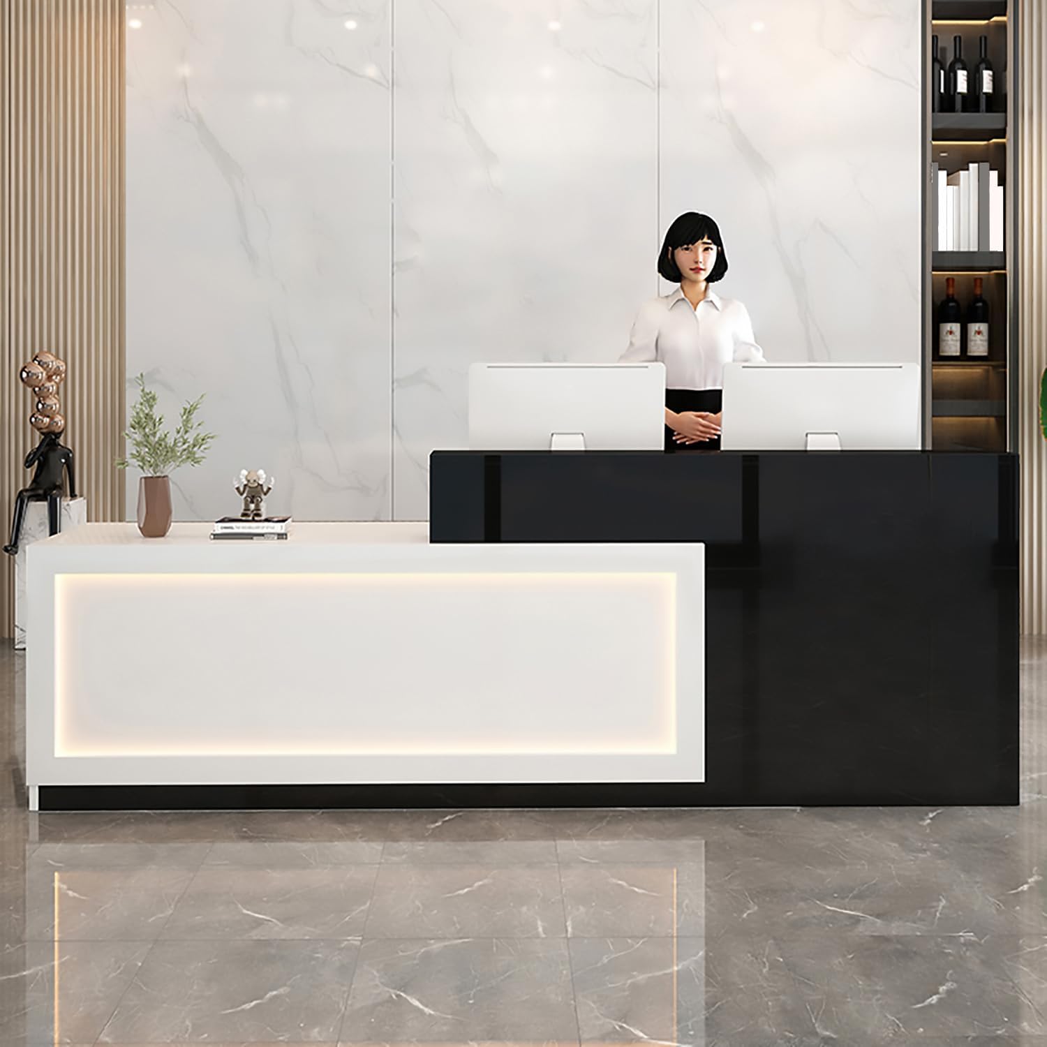 Reception Desk with Counter,Salon Receptionist Desk with LED Light & Lockable Drawer Wooden Modern Retail Checkout for Hotel Lobbies Shop Beauty Reception Room(E-Left, 63inch/160cm)