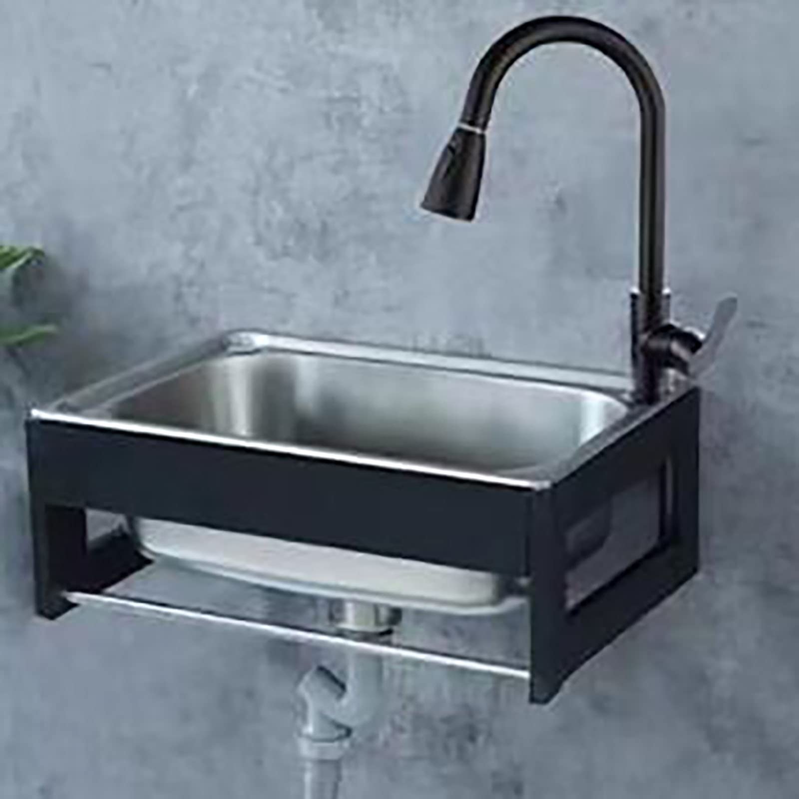 WDSOPK Industrial Sink Utility Sink Single Bowl Wall-Mounted Stainless Steel Wash Basin Commercial Sink Basin Outdoor Kitchen Portable Sink Laundry Tub Bench with Gooseneck Fauc (B 48 * 35cm)