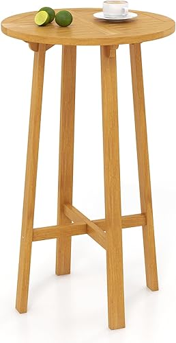 Miniatura 7 de Tangkula Mesa de bar de madera de acacia de 31.5 pulgadas, mesa redonda de bistró con agujero para paraguas, mesa de comedor al aire libre para