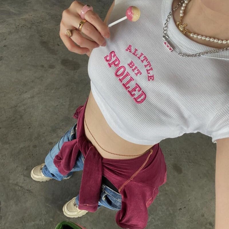 CEINOM Y2K Crop Tops Aesthetic Tshirts For Women Cute Letter Baby Tees Summer Vintage Ribbed Harajuku Short Sleeve T-Shirt2