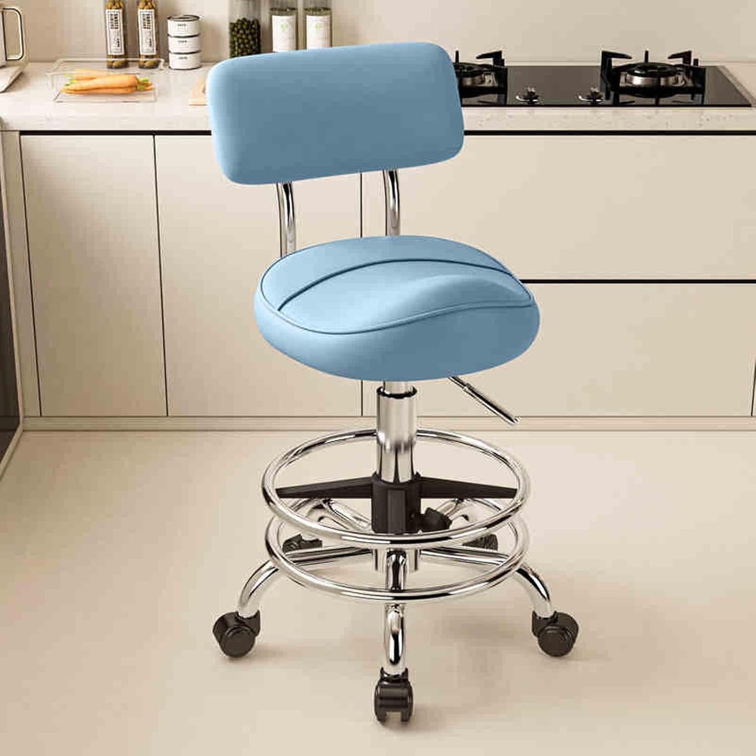 Height Adjustable Rolling Drafting Chair with Backrest & Footrest, Lumbar Support Saddle Stool for Home Bar, Kitchen, Shop - Ergonomic Task Chair (14.9", Blue)
