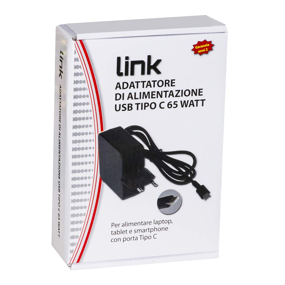 Link Adattatore di Alimentazione USB Tipo C 65 Watt per Smartphone, Notebook, Tablet, Power Bank