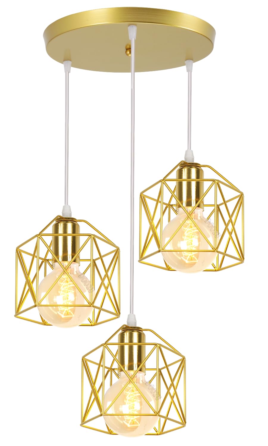 Suspension Luminaire Industrielle 3 Lampes Vintage E27 Lustre Abat-jour en Métal Design pour Salon Chambre Cuisine (Doré - avec une base)