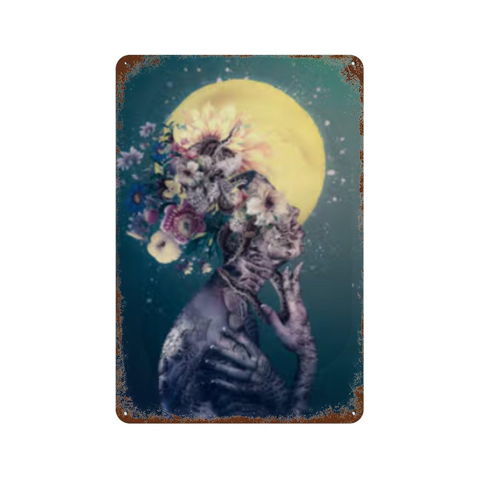 Floral Fantasy Surreal Artwork Rust Effect Tin Sign 11.8"x7.9", Industrial Home Decor for Cafe, Home Bar And Lounge Decor