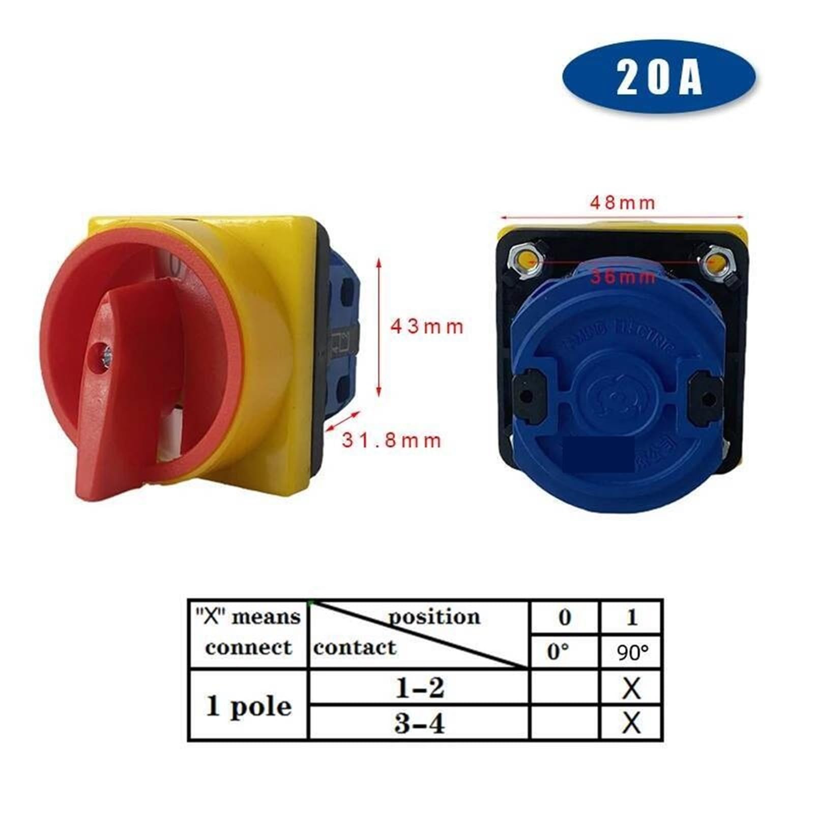 Interruptor de encendido y apagado, Selector de 2 posiciones, cambio de 20A, 1 polo, bloqueo de almohadilla, interruptores giratorios de cámara principal, YMW26-20 de parada de emergencia/1GS, 1 Uds.