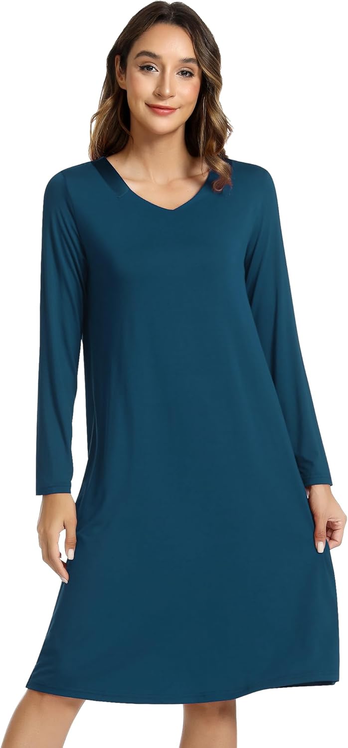 NACHILA Nightgowns for Women-Viscose Made from Bamboo, Long Sleeve Nightshirts Satin V Neck Sleepshirts Soft Sleep Dress