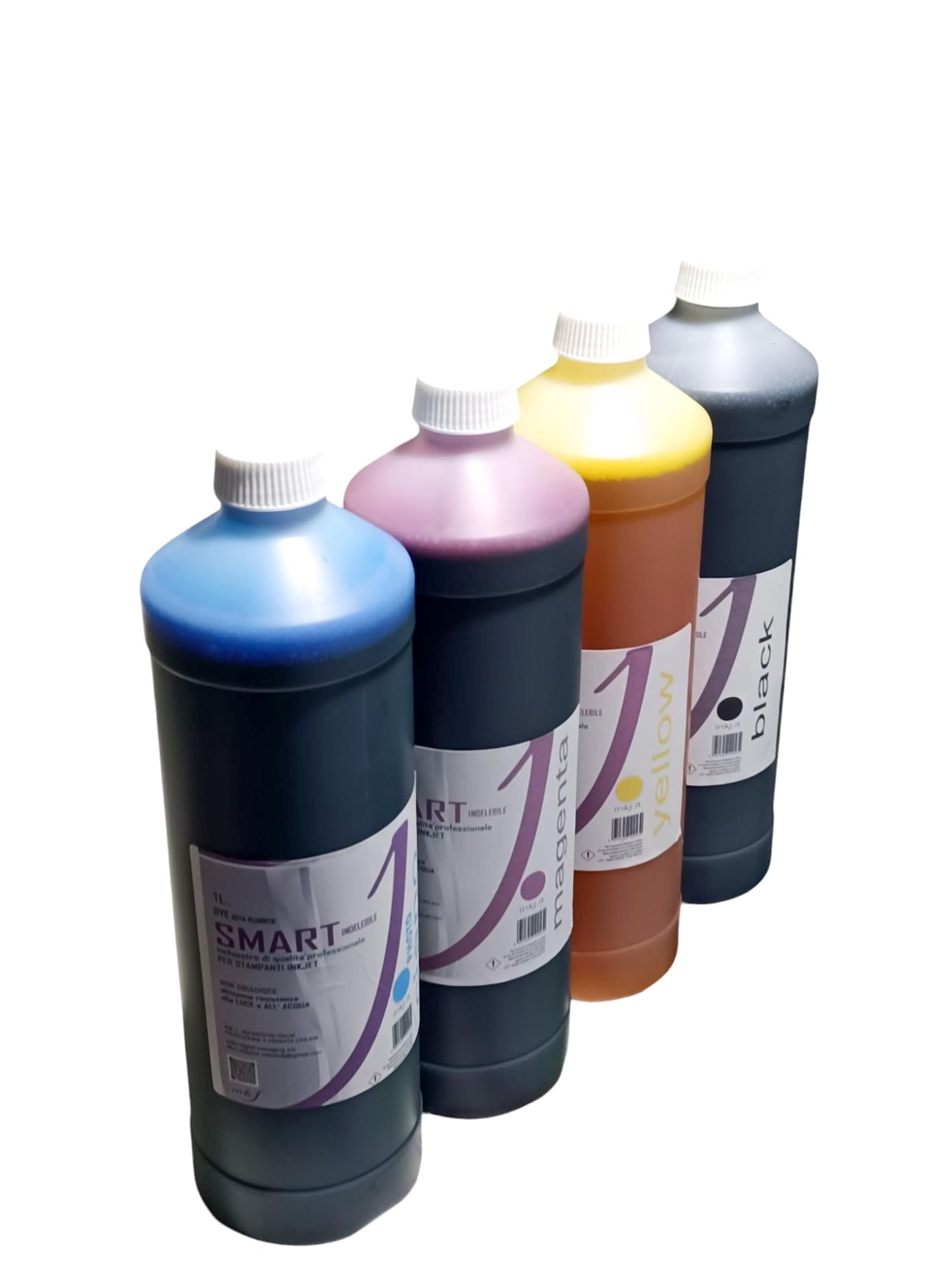 inchiostro ink-j 4 flaconi da 1 litro per canon G tank-epson ecotank-hp smart tank brother gankecotank,bk-m-y-c, pulisce gli ugelli in fase di stampa. Non secca le testine. Made in Italy