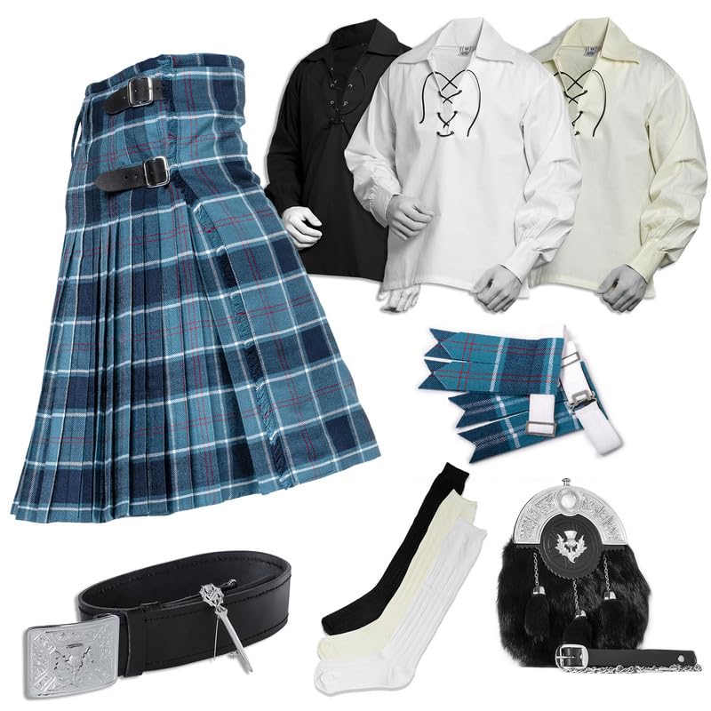BELGLY Scottish Kilt for Men - 08 Pcs Kilt Accessories for Men, Scottish Outfit, US Navy 38''