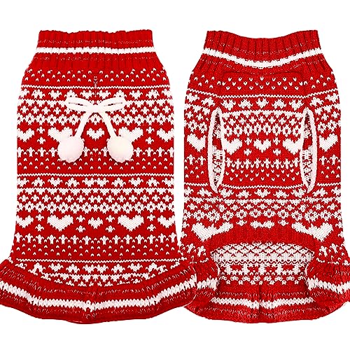ABRRLO Hunde Pullover Kleid mit Leine Loch für kleine mittlere Hunde mit Fliege Büffelkaro Rot Rollkragen Polyester Haustier Welpe Katzen Pullover Strickwaren Rot,XS