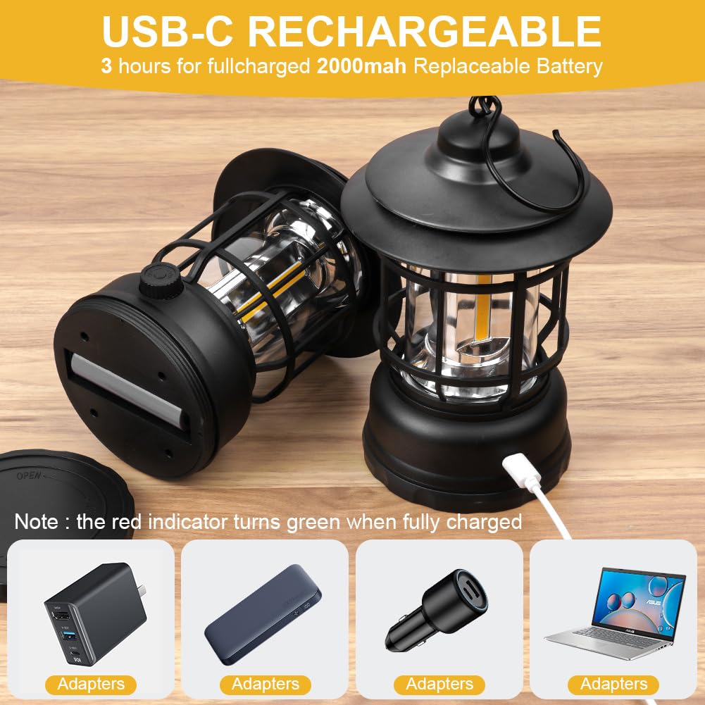 Flintronic Lanterne de camping rechargeable, lampes de camping LED rétro avec gradateurs rotatifs, lumière de tente COB portable à suspendre pour le camping, lumière de camping vintage pour la