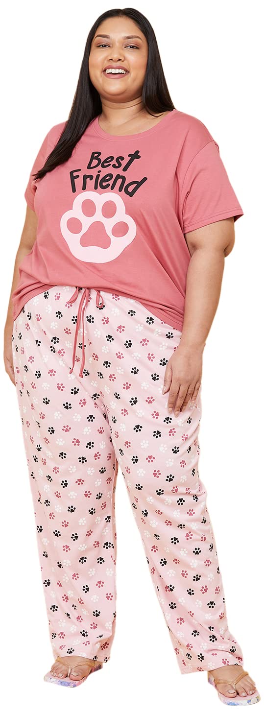 Women Plus Size Pure Cotton Printed T-Shirt and Pajamas