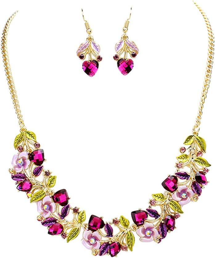 Rosemarie Collections Women's Beautiful Statement Flower and Vine Glass Crystal Necklace and Earrings Set