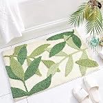 QIUKUN Bathroom Rug Mat Leaves Plush Microfiber Strong Water Absorbent Green Bath Rug with Non Slip Back Small Bath Mat Cute Indoor Shower Mat Doormat for Bathroom