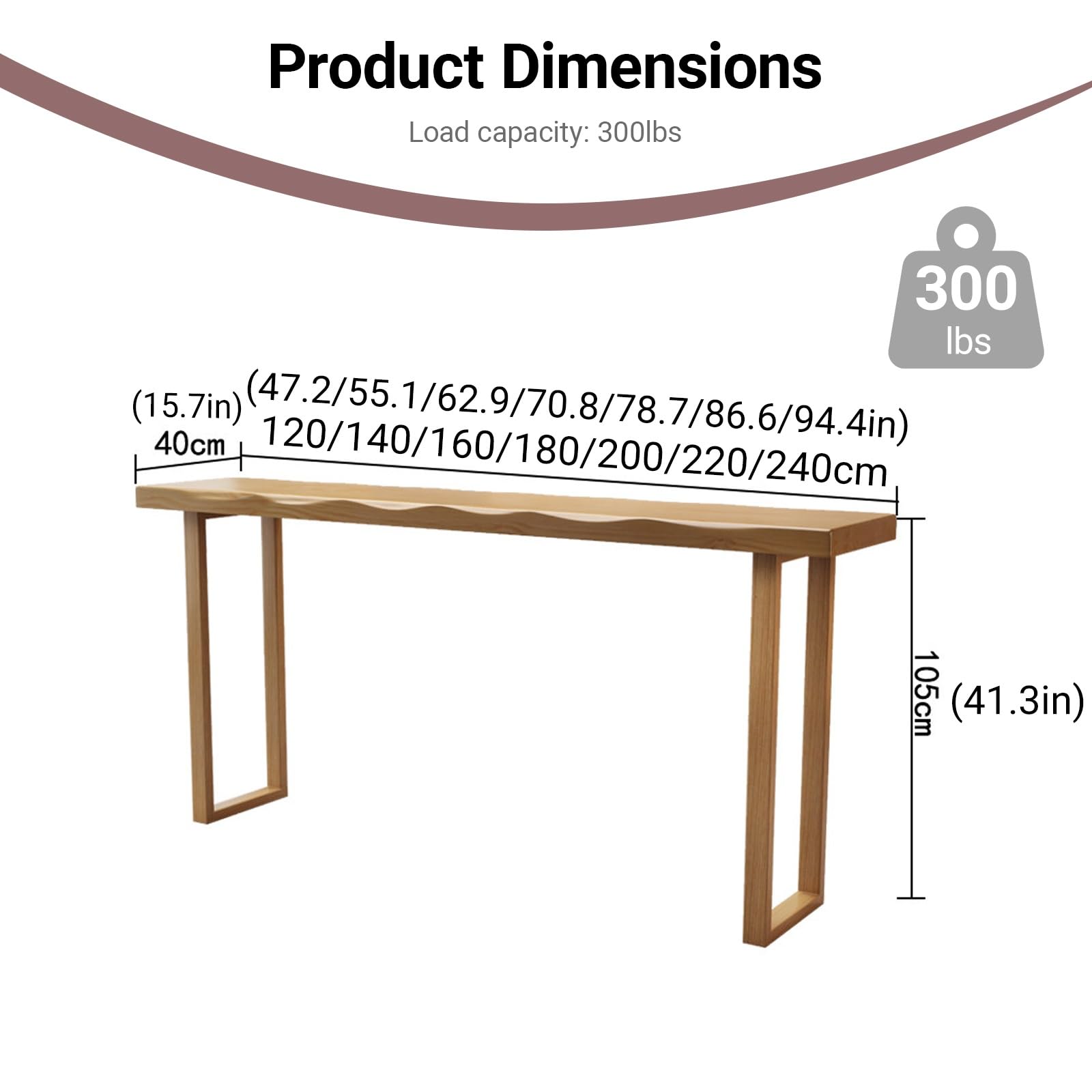 Live Ed Stolik barowy z litego drewna - nowoczesny minimalistyczny stół pubowy do jadalni, kuchni i balkonu (wiśnia, 160 cm / 62.9in) - idealny wąski design dla małych dzieci
