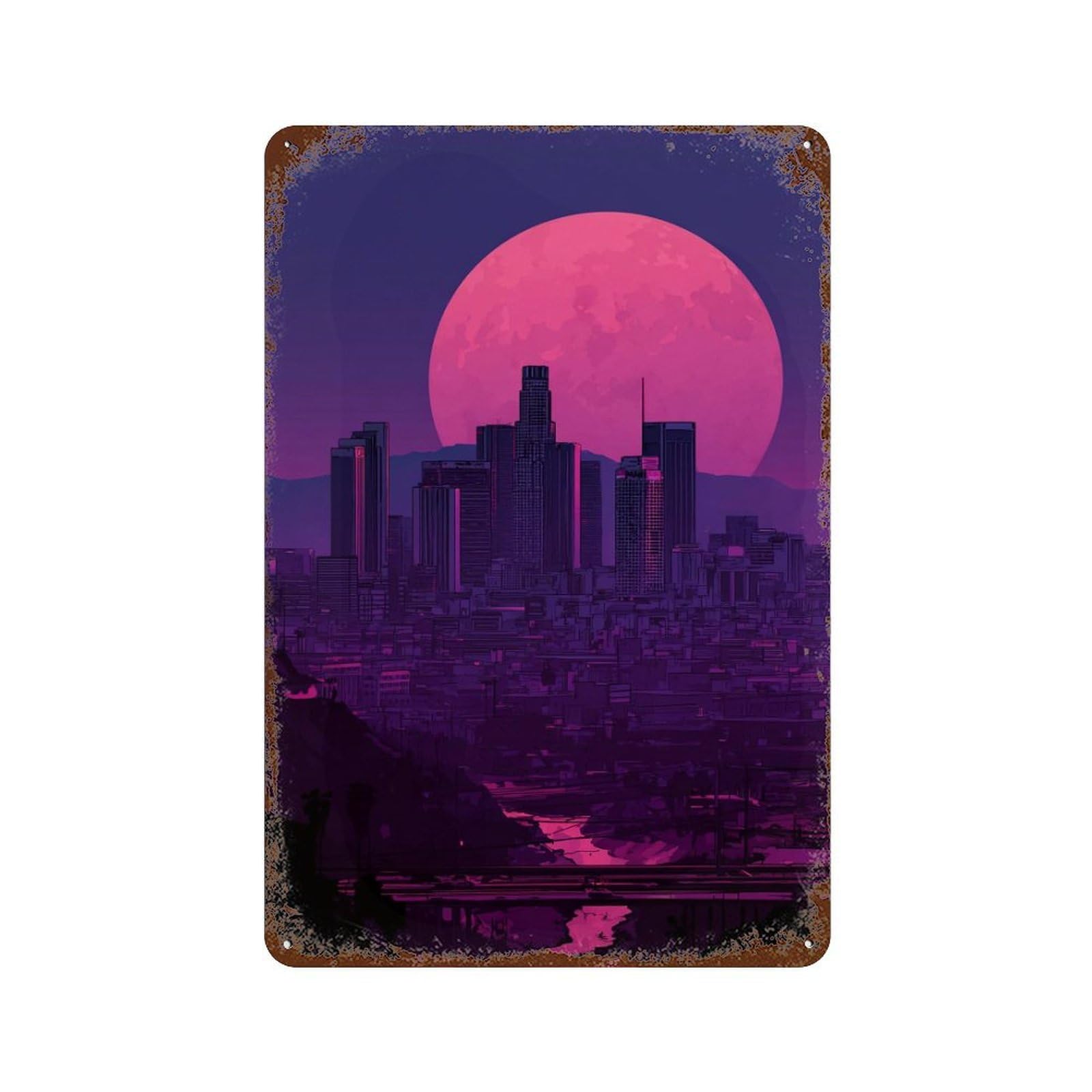 Cityscape with Pink Moon 11.8"x7.9" Distressed Metal Wall Sign, Retro Wall Decor for Garage, Bar And Workshop Decor