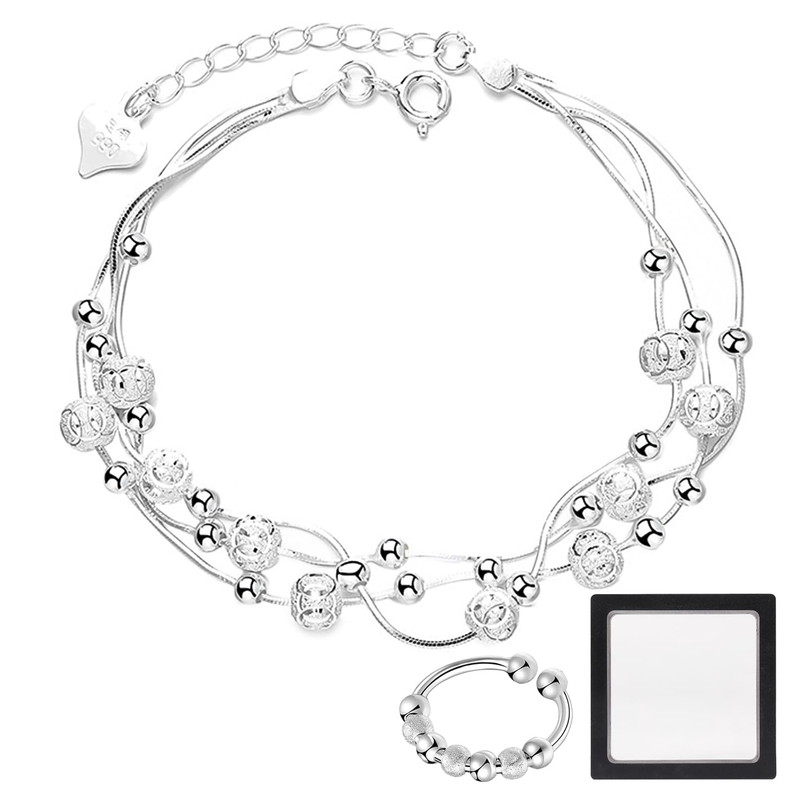 BMHNQ Pulsera Mujer Plata,3 en 1 Pulsera Plata Mujer y 1 Anillos de Damas Pulseras de Plata Mujer 925 Elegante Brazalete Ajustable Pulseras De Plata Mujer para Mujer y Niña