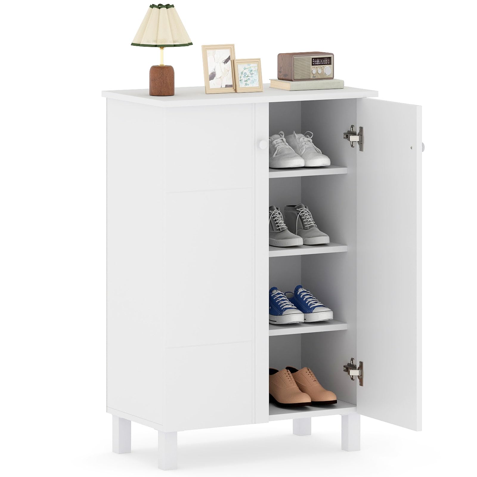 COSTWAY 4-poziomowa szafka na buty, drewniana komoda na buty ze zdejmowanymi półkami, uchwytami i 2 drzwiami, regał na buty biały do korytarza, przedpokoju, salonu, 60 x 33,5 x 90 cm
