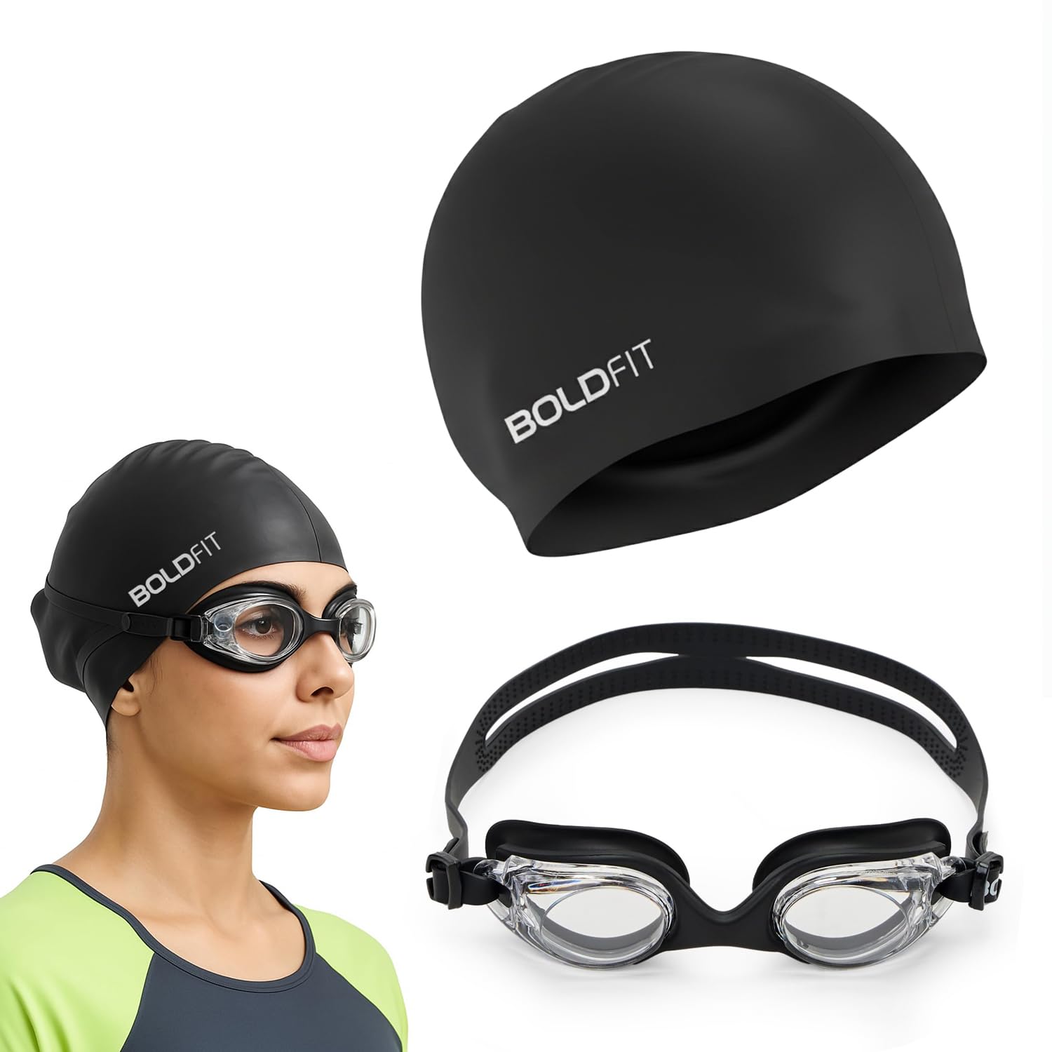 Boldfit Swimming Cap & Goggles Set for Men & Women - Silicone Cap & Anti-Fog Goggles - Black