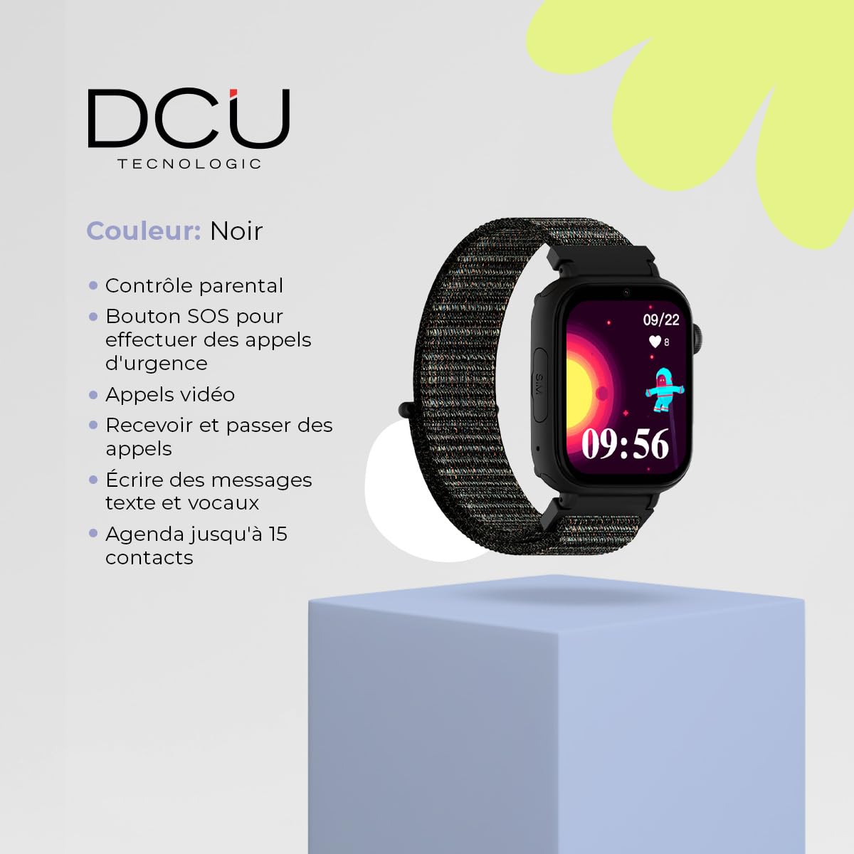 DCU TECNOLOGIC - Montre Connectée Enfant avec système Android - Whatsapp - Positionnement GPS - Appels vidéo - Bouton SOS - Contrôle Parental - Couleur: Noir