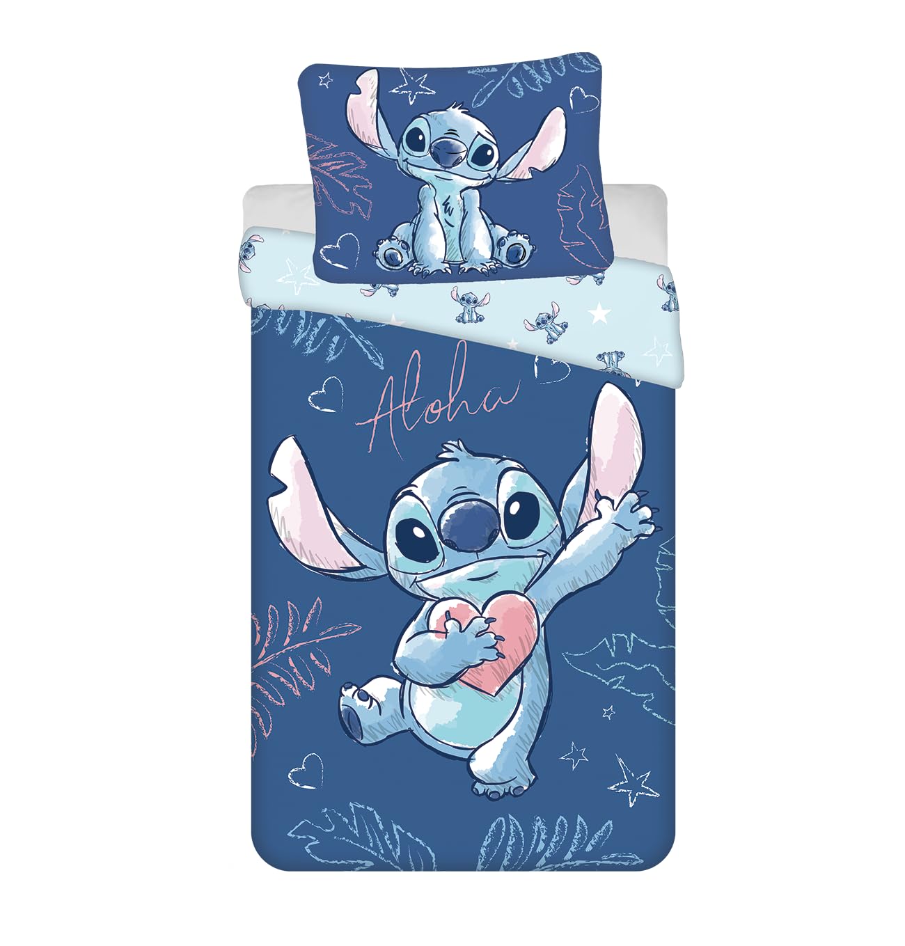 Stitch Aloha Pościel 140x200 + Poszewka Bawełna Niebieska Dziewczynki | Odwracalna pościel jednoosobowa | Bawełna naturalna oddychająca Oeko-Tex | Lilo & Stitch | Nastolatki | Do prania w pralce