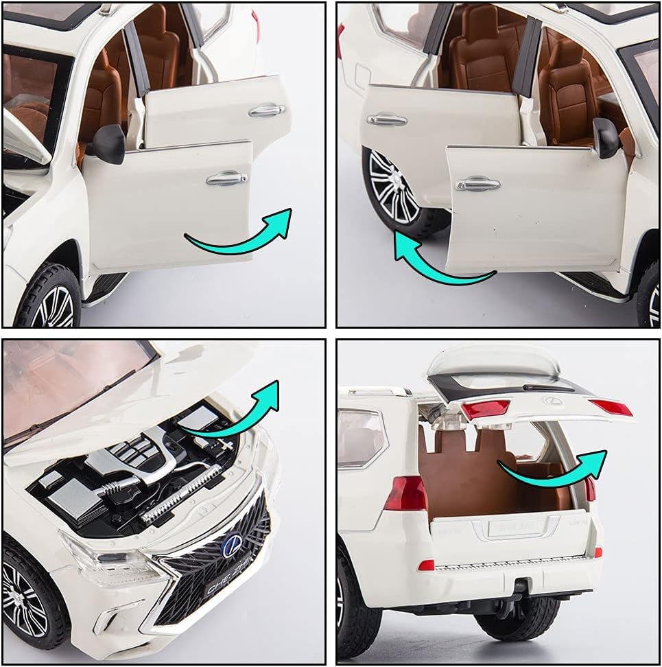 Image of 1:24 Lexus 570 Off-Road Luxury SUV Model Diecast Car, Zinc Alloy Pull Back Toy with Sound & Light, for Kids Boys & Girls (White)