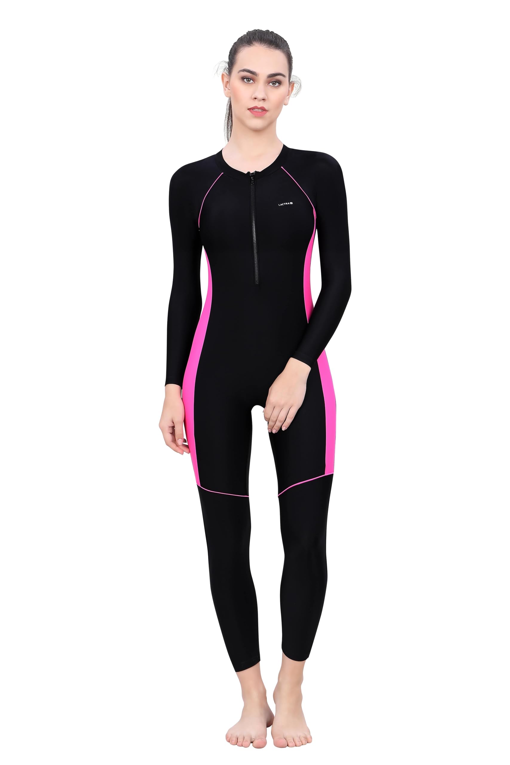 lactra Swimming Costume for Women Full Suit/One Piece Swimsuits/Full Sleeves Swimsuit (Front Zip with Contrast Side Panel) - Black-picture-48