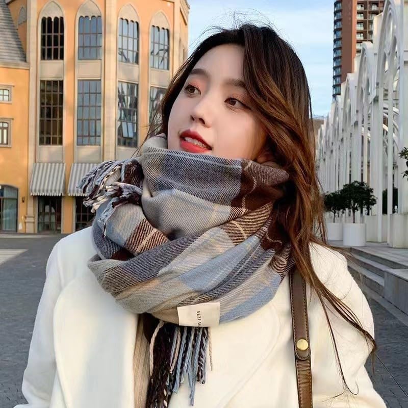 Fashion Long Plaid Stripes Design Winter Knitted Scarf, Solid Color Women's Autumn Warmth Scarf2