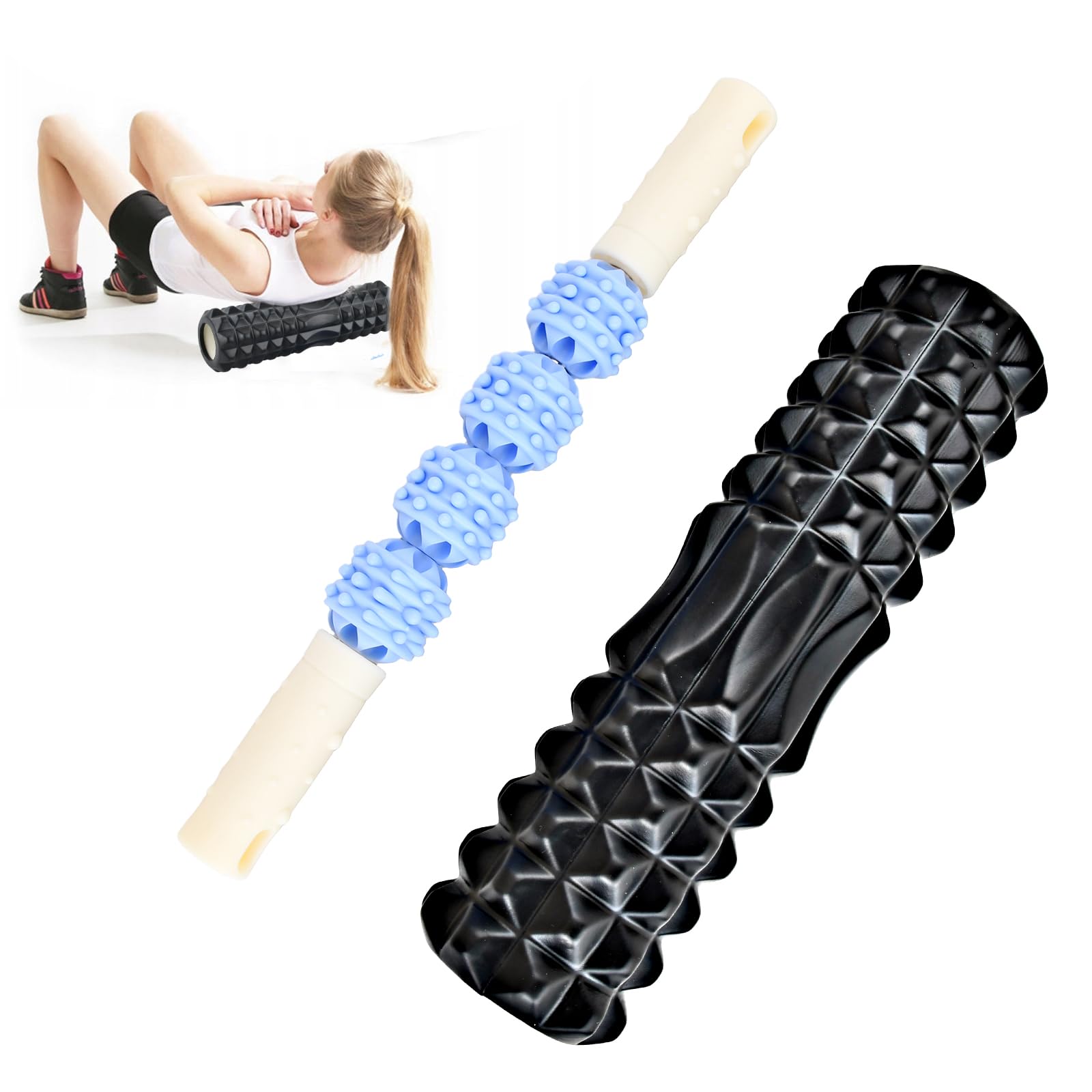 Foam Roller for Deep Tissue Muscle Massage 30x8cm with Muscle Roller Stick, Massage Roller for Physical Therapy and Rehab Back, Legs, Gym, Pilates & Yoga