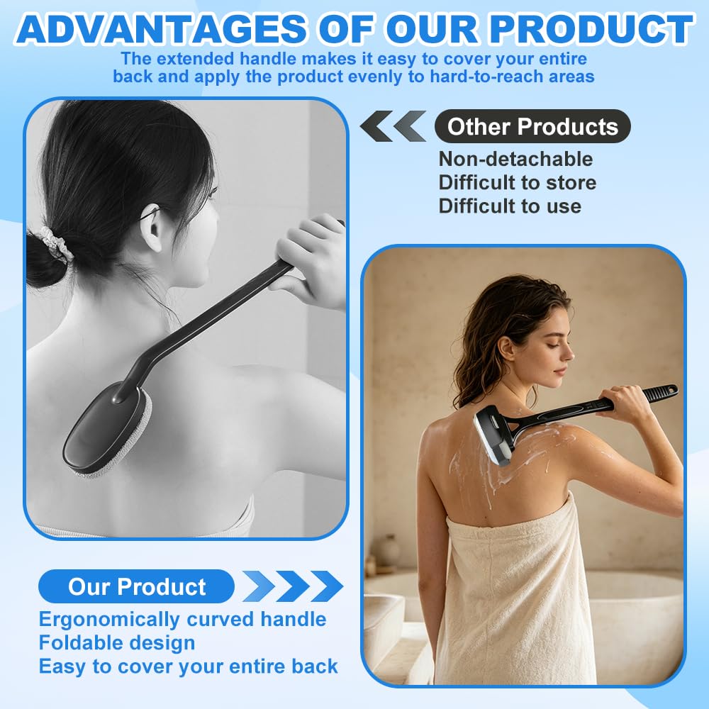 NAVESO Aplicador de Crema para la Espalda Plegable, 46.5cm Aplicador de Loción para la Espalda con 2 Cabezales Intercambiables & Mango Plegable, Aplicador Crema Solar para Protector Solar, Loción