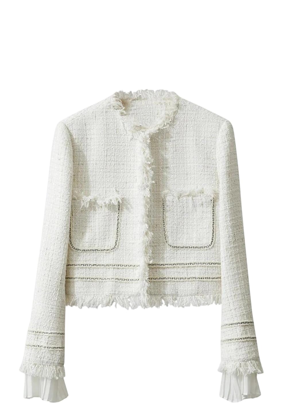 Womens Cropped Tweed Jacket With Fringed Panels And Ruffle Trim
