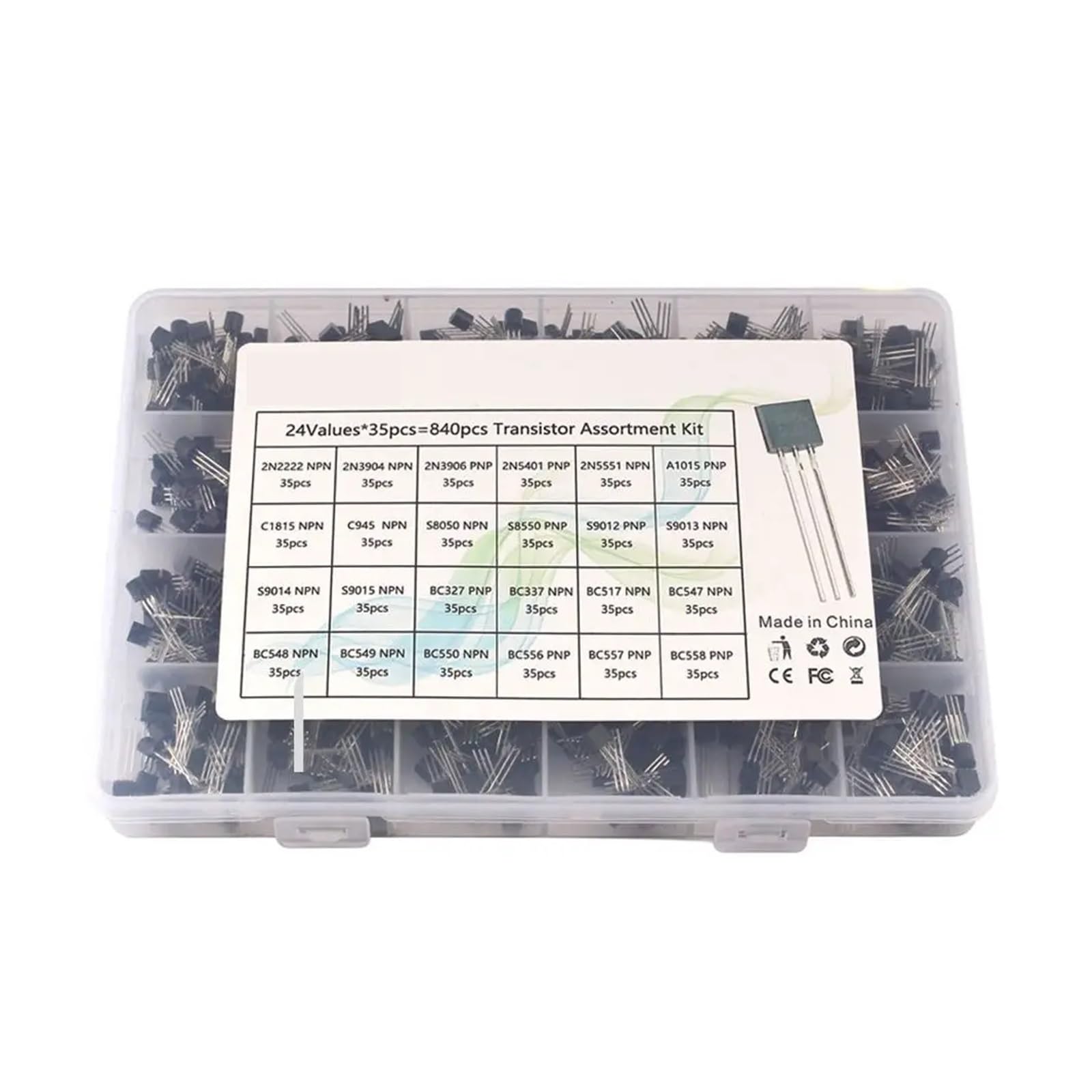 200-900 unids/caja TO-92 conjunto surtido de transistores BC547 BC327 BC337 2N2222 3904 3906 C945 PNP/NPN Kit electrónico de transistores(15Values-600pcs)
