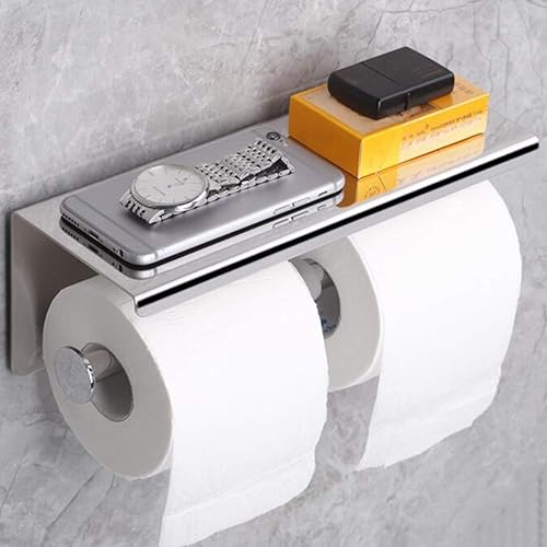 Miniatura 10 de GULICA Soporte para rollo de papel higiénico con estante para teléfono, soporte de papel de acero inoxidable, papel higiénico doble montado en la