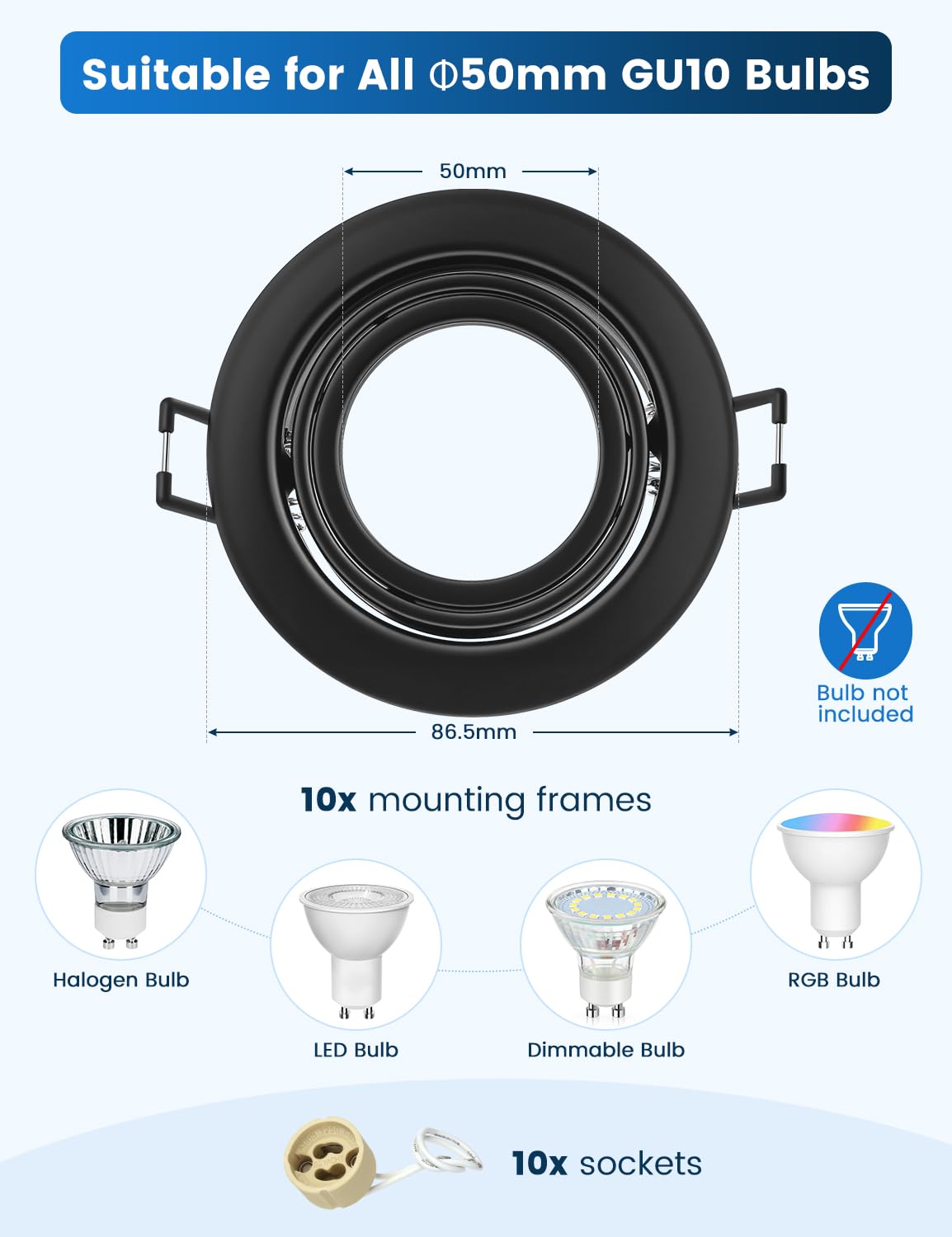 Einbaustrahler GU10 Set, 10x Schwenkbar Einbaurahmen 68mm mit GU10 Fassung, LED Spots 230V Rund Flach Deckenspots, Einbauspots Einbauleuchten Rahmen Matt Schwarz für LED oder Halogen Lampe