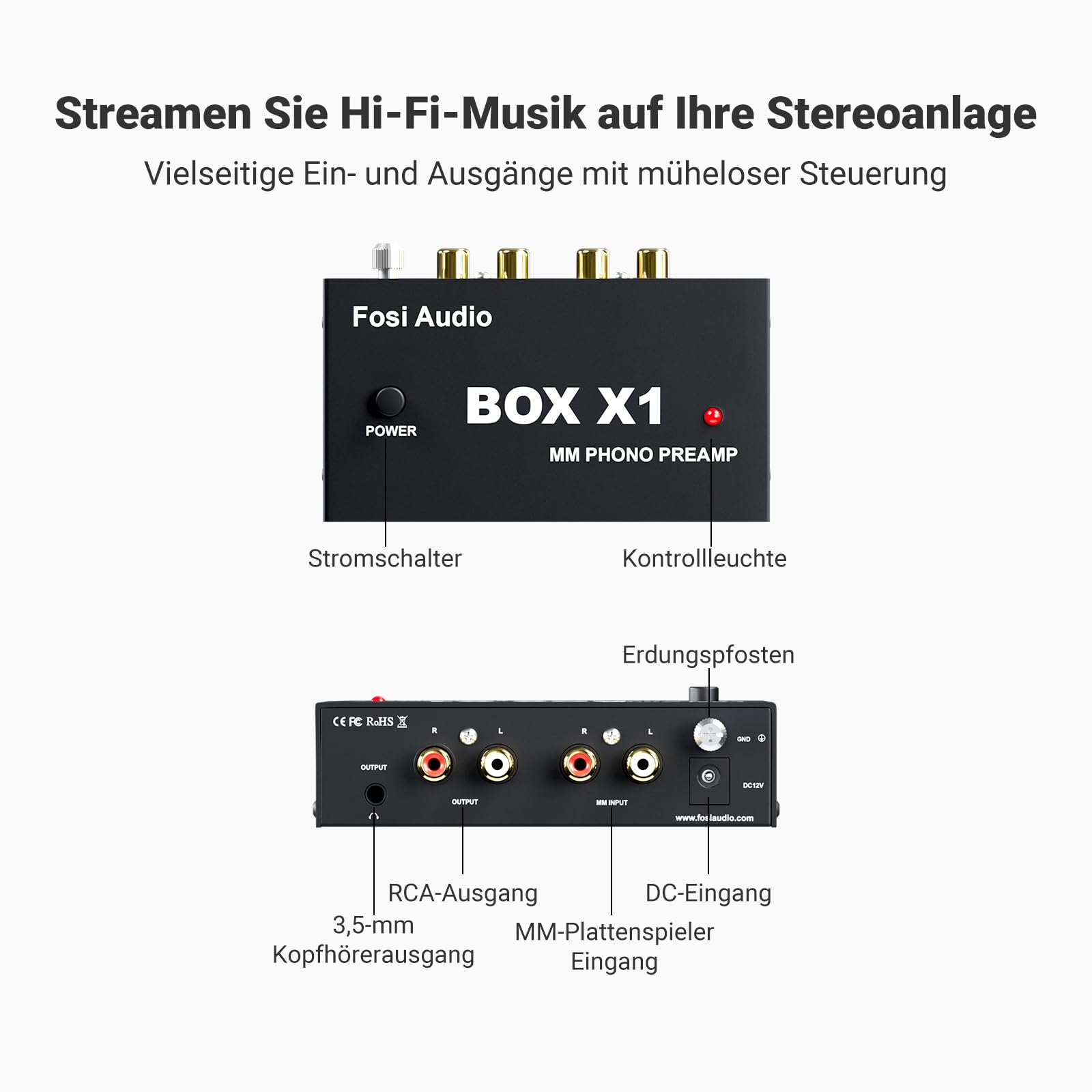 Fosi Audio BOX X1 Phono Vorverstärker für MM-Plattenspieler mit 3,5MM Kopfhörer und RCAAusgang, Mini PhonVorverstärker mit Ein-/Ausschalter für Phonographen/Plattenspieler, DC12V Netzteil inbegriffen