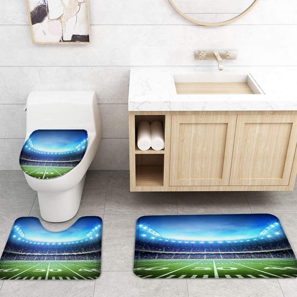 4 Pcs Shower Curtain Sets With Non-Slip Rugs, Toilet Lid Cover And Bath Mat Cartoon Fluffy Four Piece Bathroom Set Shower Curtain Bathroom Decor Sets