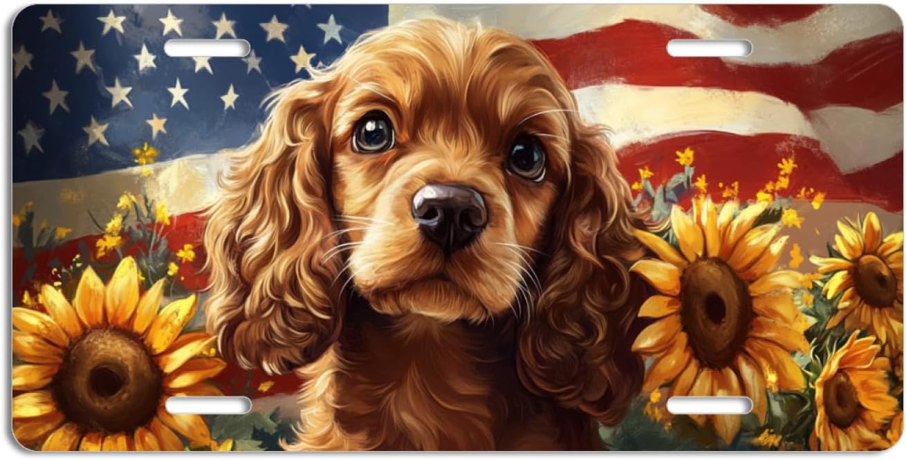 NGZ Cocker Spaniel Floral License Plate, Art American Flag Sunflowers Painting Aluminum License Plate Suitable for Car, RVs, Bars, Fences, garages, Veterans Day, etc. 12x6 Inch