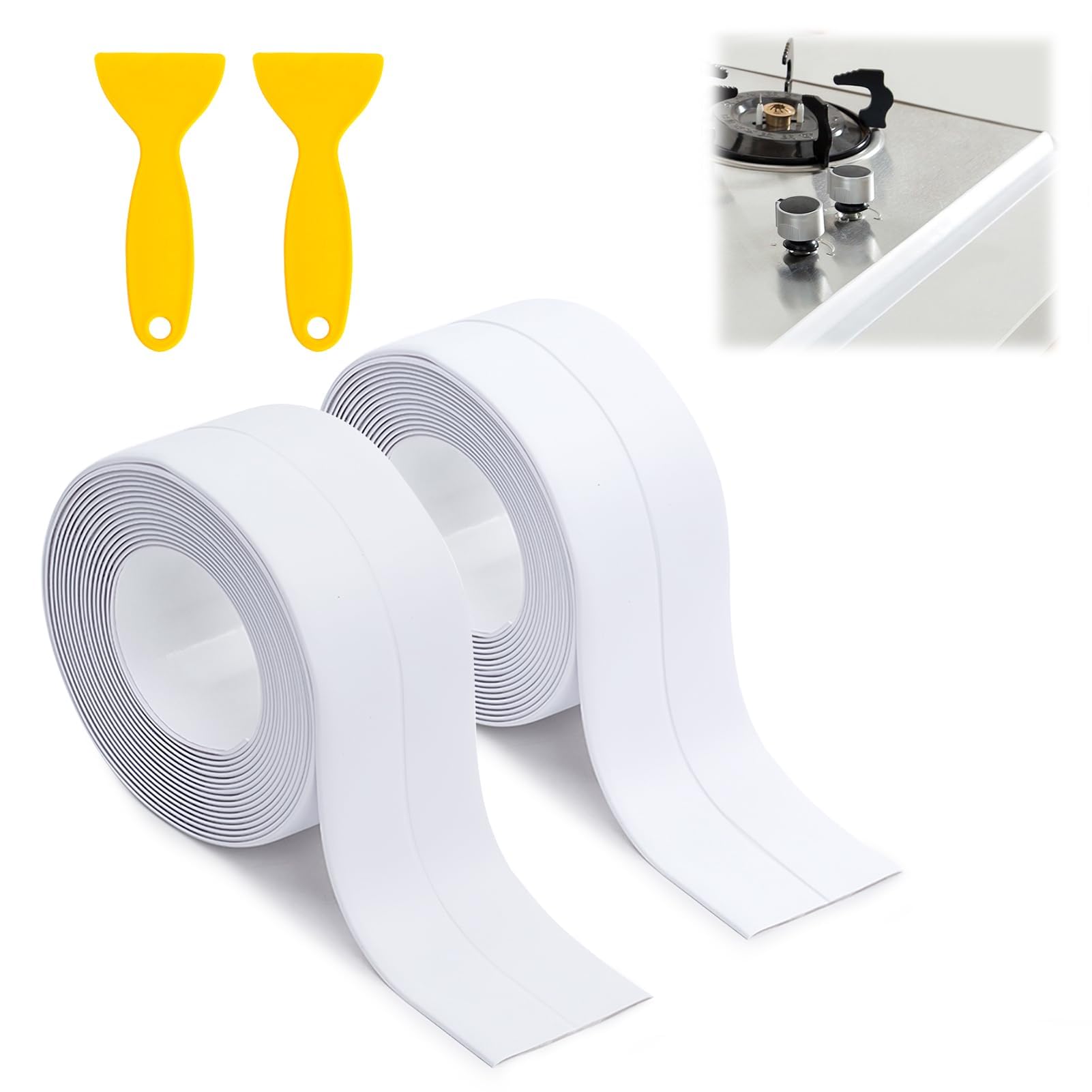 Bath Sealant Strip 2 Rolls Self Adhesive Caulk Strip Tape White Bathroom Sealant Anti Mould Waterproof for Bathtub Toilet Shower Wall Corner Sink Kitchen with 2 Sealing Tool (1.5in *10.5ft)